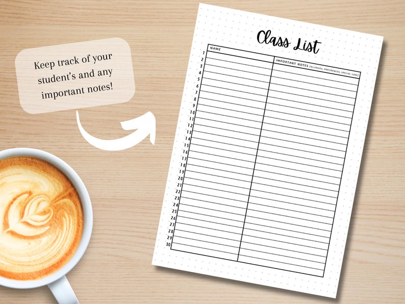Class List - PRINTABLE Teacher Planner Page - Student List - Classroom ...