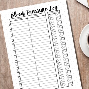 Peut inclure: Un journal de pression art&eacute;rielle imprimable en noir et blanc avec des colonnes pour les lectures du matin et du soir. Il comprend une section pour les m&eacute;dicaments avec des cases &agrave; cocher oui ou non pour chaque jour.