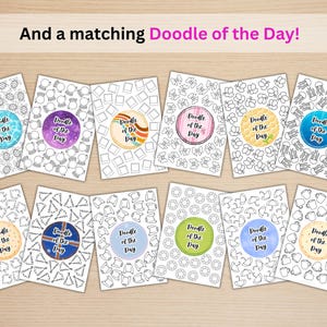 May include: A collection of ten coloring pages with various patterns and a central circle that reads "Doodle of the Day." The pages feature designs like turtles, bows, and umbrellas, with a wooden background.