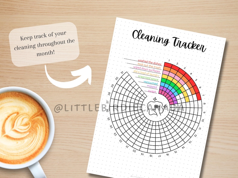 May include: A printable cleaning tracker with a rainbow arc and a list of cleaning tasks. The tracker is designed to help you keep track of your cleaning throughout the month.
