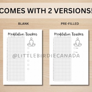 May include: Two printable meditation tracker pages. The left page is blank. The right page has the words "Yes" and "No" next to checkboxes. Both pages feature a black and white illustration of a person meditating.