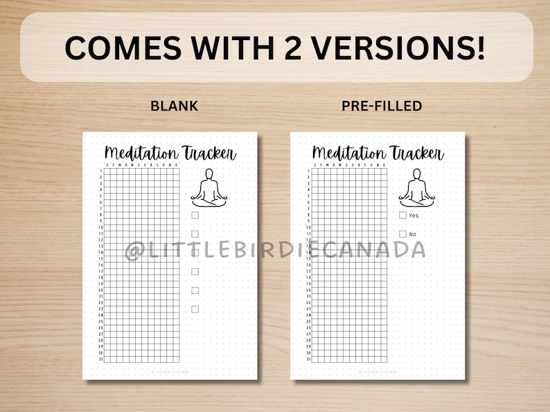 May include: Two printable meditation tracker pages. The left page is blank. The right page has the words "Yes" and "No" next to checkboxes. Both pages feature a black and white illustration of a person meditating.