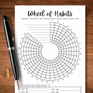 K&ouml;nnte beinhalten: Ein schwarz-wei&szlig;es druckbares Rad f&uuml;r die Gewohnheitsverfolgung mit gepunktetem Hintergrund. Das Rad ist in 31 Abschnitte unterteilt, die von 1 bis 31 nummeriert sind. Der Text "Wheel of Habits" befindet sich oben auf der Seite. Der Text "Reward yourself for completing a good habit every day!" befindet sich unter dem Titel. Es gibt Platz zum Schreiben in den Text "Reward for completing:" und "Habit #1:" bis "Habit #6:"