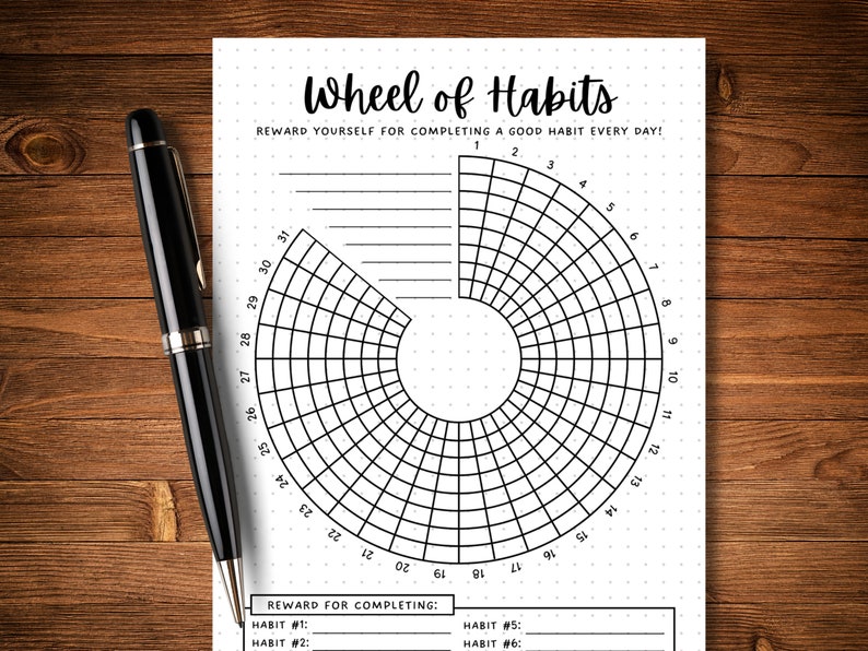 K&ouml;nnte beinhalten: Ein schwarz-wei&szlig;es druckbares Rad f&uuml;r die Gewohnheitsverfolgung mit gepunktetem Hintergrund. Das Rad ist in 31 Abschnitte unterteilt, die von 1 bis 31 nummeriert sind. Der Text "Wheel of Habits" befindet sich oben auf der Seite. Der Text "Reward yourself for completing a good habit every day!" befindet sich unter dem Titel. Es gibt Platz zum Schreiben in den Text "Reward for completing:" und "Habit #1:" bis "Habit #6:"