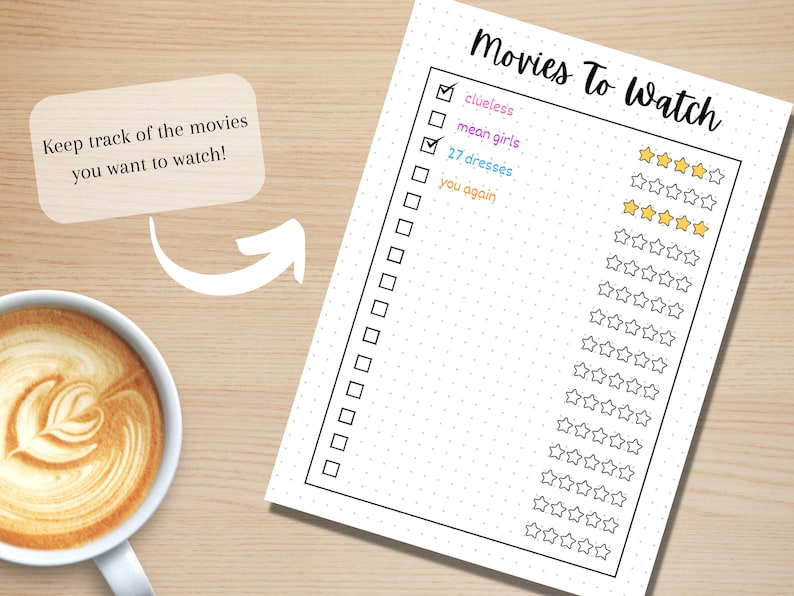 Pu&ograve; includere: Un elenco di film stampabile con caselle di controllo e un sistema di valutazione a 5 stelle. L'elenco include titoli come "Clueless", "Mean Girls", "27 Dresses" e "You Again".