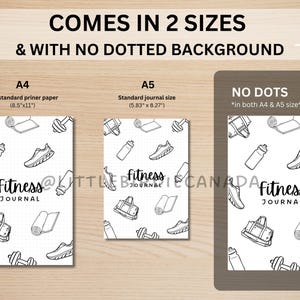 May include: Black and white printable fitness journal cover design with dumbbells, water bottles, sneakers, yoga mats, and a gym bag. The design is available in two sizes: 8.5 inches by 11 inches and 5.83 inches by 8.27 inches. The design is available without a dotted background.