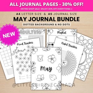 Peut inclure: Un ensemble de pages de journal de mai, avec un fond pointillé et sans points, aux formats A4 et A5. Les pages incluent un suivi de l'humeur, une liste de lecture et un suivi des habitudes, avec des illustrations florales. Le texte indique "TOUTES LES PAGES DE JOURNAL - 30% DE RÉDUCTION !" et "MAY JOURNAL BUNDLE".