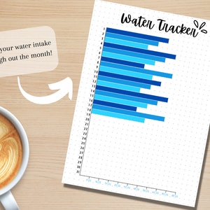 May include: A printable water tracker with a dotted background. The tracker has a blue and light blue bar graph to track water intake for each day of the month. The text "Water Tracker" is written in black cursive at the top of the page.