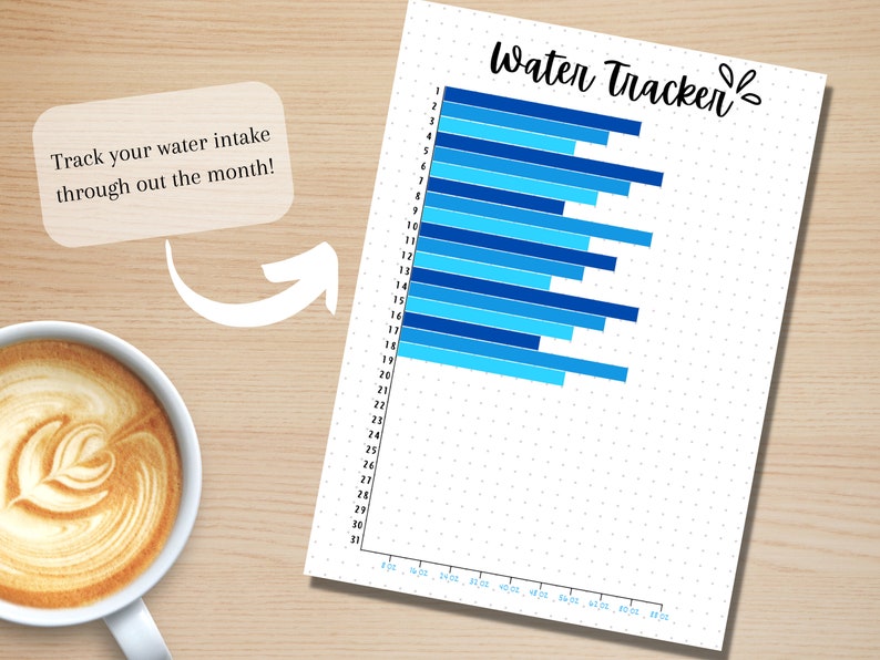 May include: A printable water tracker with a dotted background. The tracker has a blue and light blue bar graph to track water intake for each day of the month. The text "Water Tracker" is written in black cursive at the top of the page.