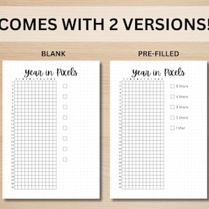 May include: Two printable versions of a year in pixels tracker. The left side shows a blank grid with the text "year in pixels". The right side shows a pre-filled grid with the text "year in pixels" and a list of 5 stars, 4 stars, 3 stars, 2 stars, and 1 star.