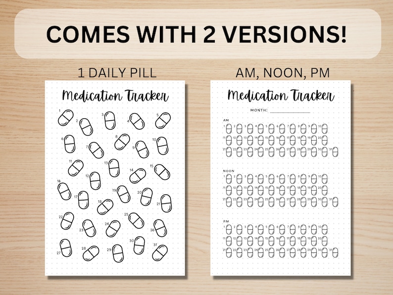 May include: Two black and white printable medication tracker pages. One page is for tracking one daily pill and the other page is for tracking medication taken in the morning, noon, and evening. Both pages have the text "Medication Tracker" and are designed for use with a bullet journal.