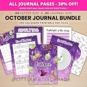 Oktober dagboekbundel - magische heks - AFDRUKBARE dagboekpagina's - VOORGEKLEURDE pagina's - oktoberplanner - oktoberagenda - afdrukbare planner