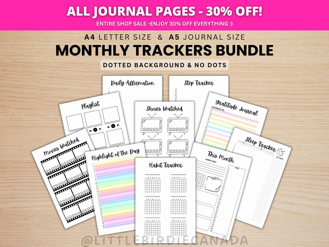 Monthly Trackers Bundle - PRINTABLE Journal Pages - Digital Planner ...