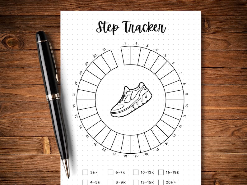 May include: A black and white printable step tracker with a circle divided into 31 sections. The sections are numbered 1 through 31. There is a black and white illustration of a running shoe in the center of the circle. Below the circle are eight checkboxes with the following labels: 3K<, 4-5K, 6-7K, 8-9K, 10-12K, 13-15K, 16-19K, 20K>