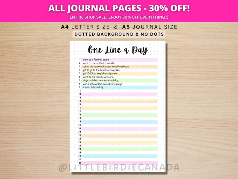 One Line A Day - PRINTABLE Journal Page - Planner Page - Memory Tracker ...