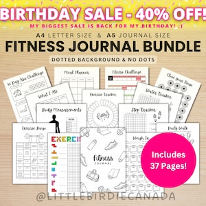 PACCHETTO DIARIO FITNESS - Pagine di diario stampabili - Pagine di planner digitale - Formato A5 e A4 - Confezione risparmio - 37 pagine - Puntini e niente puntini