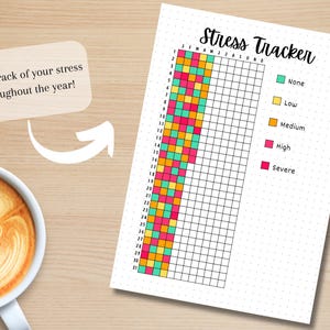 May include: A printable stress tracker with a grid of squares to color in for each day of the year. The squares are color-coded to represent different levels of stress: none, low, medium, high, and severe. The months of the year are listed across the top of the grid.