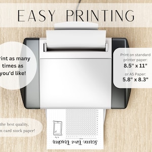 May include: A black and white printable screen time tracker with a phone icon and the text "Screen Time Tracker". The tracker is designed to be printed on standard 8.5" x 11" printer paper or A5 paper (5.8" x 8.3"). The image shows a printer with a sheet of paper coming out of the printer.