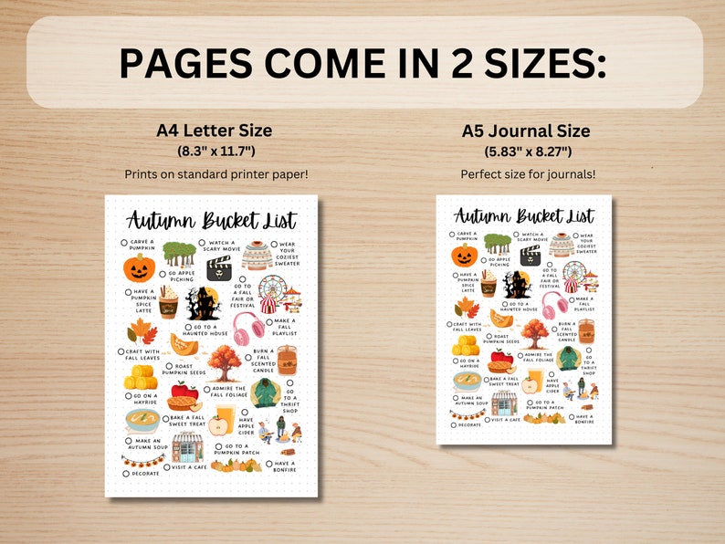 May include: Printable autumn bucket list with 20 activities to do in the fall. The list includes activities like carving a pumpkin, watching a scary movie, and going to a pumpkin patch. The list is available in two sizes: 8.3 inches by 11.7 inches and 5.83 inches by 8.27 inches.