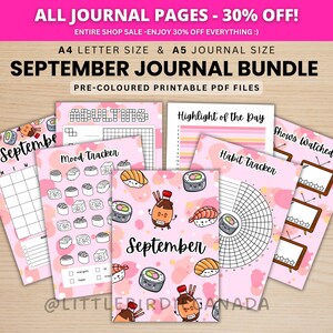 Diario de septiembre - Sushi - Páginas imprimibles - Páginas precoloreadas - Planificador de septiembre - Agenda de septiembre - Planificador imprimible