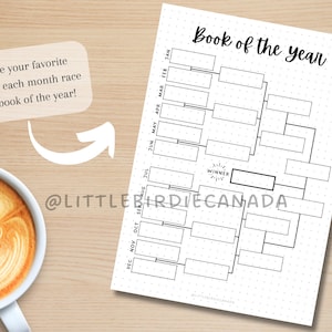 May include: A white paper with a black bracket-style chart labeled "Book of the Year." The chart is designed to track favorite books each month. A cup of coffee with latte art sits on a wooden surface.