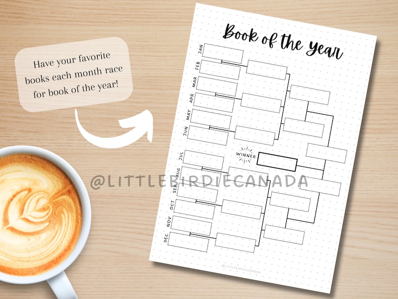 May include: A white paper with a black bracket-style chart labeled "Book of the Year." The chart is designed to track favorite books each month. A cup of coffee with latte art sits on a wooden surface.
