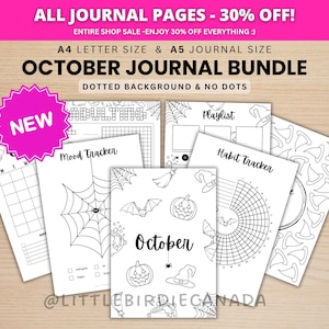 Peut inclure: Un ensemble de pages de journal imprimables pour octobre avec des dessins au trait noir et blanc incluant des citrouilles, des chauves-souris, des toiles d'araignée et des chapeaux de sorcière. Les pages incluent des suivis d'humeur et d'habitudes.