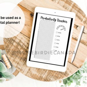May include: A black and white productivity tracker on a digital tablet. The tracker has a grid for marking off tasks and a speedometer to track progress. The text "Productivity Tracker" is at the top of the page.