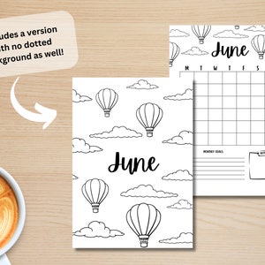 May include: Printable June calendar featuring a hot air balloon theme. The calendar has a grid for each day of the month, a section for monthly goals, and a notes section. The design includes black and white hot air balloons and clouds.