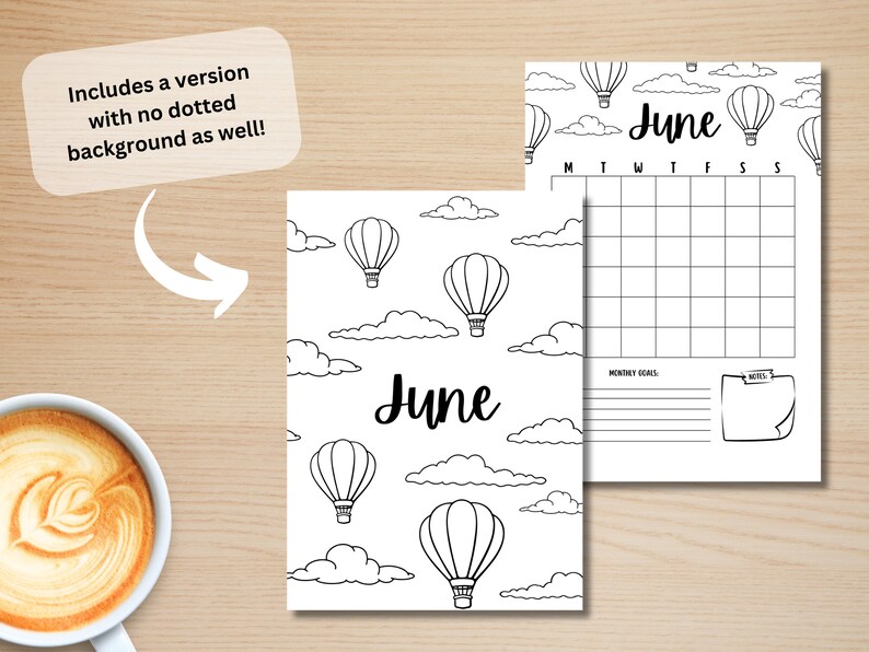 May include: Printable June calendar featuring a hot air balloon theme. The calendar has a grid for each day of the month, a section for monthly goals, and a notes section. The design includes black and white hot air balloons and clouds.