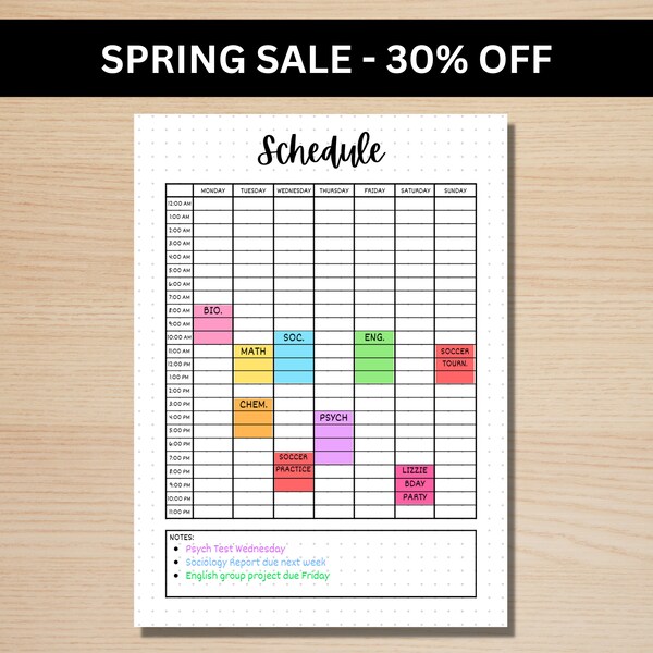 Weekly Schedule - Time Table - Weekly Planner - Weekly Calendar - A5 Journal Page - PRINTABLE Planner - Time Block Planner - Time Blocking