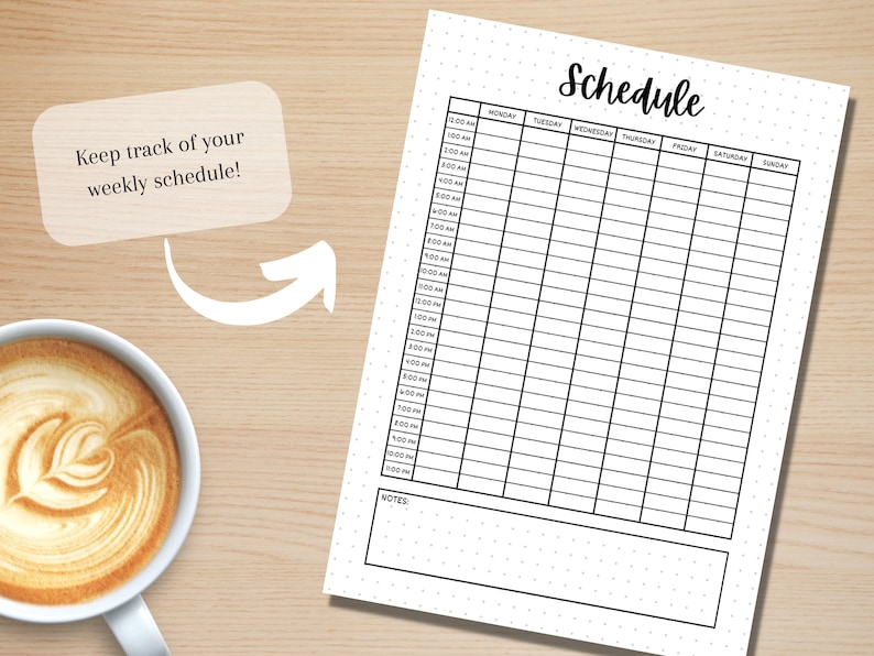May include: A printable weekly schedule planner with a black and white design. The planner has a section for each day of the week, with time slots from 5:00 AM to 11:00 PM. There is also a notes section at the bottom.