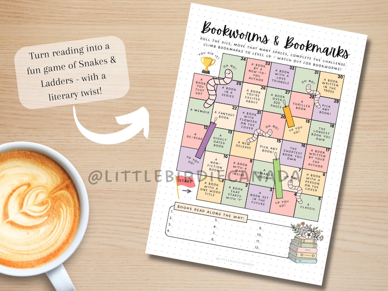Op de afbeelding: Een geprint spelblad getiteld Bookworms & Bookmarks met een genummerd raster van 1 tot 30 met pastelkleurige vakjes die leesuitdagingen, ge&iuml;llustreerde wormen, bladwijzers, een trofee en een lijst voor gelezen boeken bevatten.