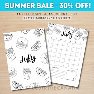 July Title Page - Burger and Fries - July Calendar - PRINTABLE Calendar - Journal Title Page and Calendar Set - Journal Cover Page