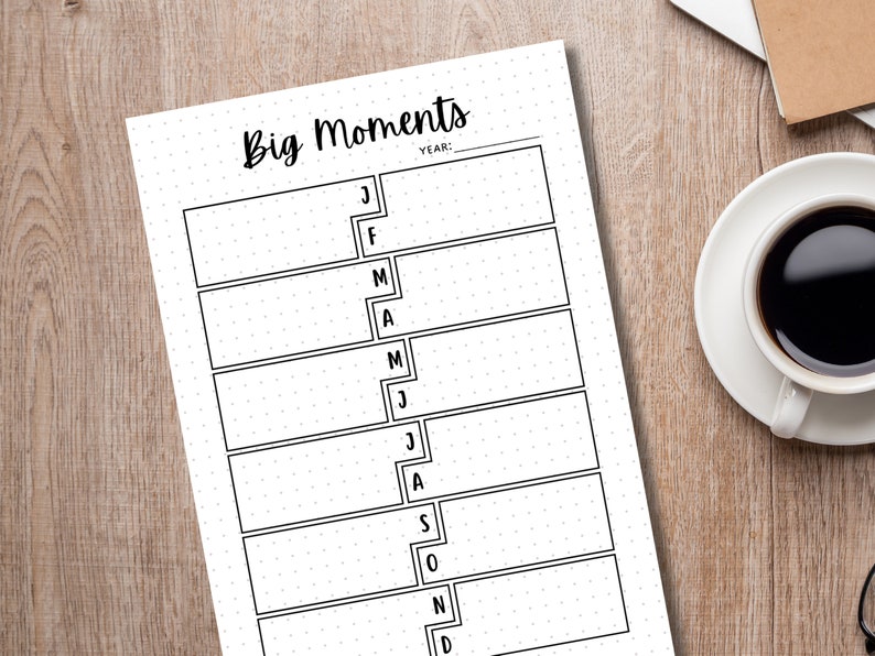 May include: A printable planner page with a dotted background and a title that says "Big Moments". The page is divided into 12 sections, one for each month of the year, with a space to write the year at the top.