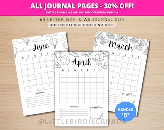 12ヶ月カレンダー - バンドルB - ジャーナルカレンダーテンプレート - 月間プランナー - 印刷可能なカレンダー - 印刷可能なプランナーページ - ジャーナルページ