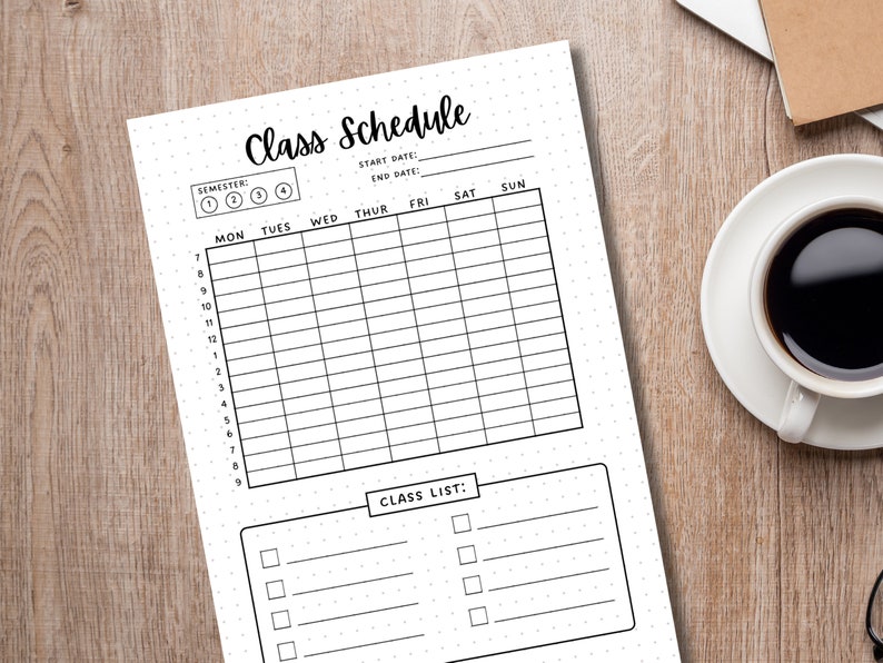 Puede incluir: Una plantilla de horario de clases imprimible con fondo de puntos. La plantilla incluye secciones para el semestre, la fecha de inicio, la fecha de fin, los d&iacute;as de la semana y la lista de clases.