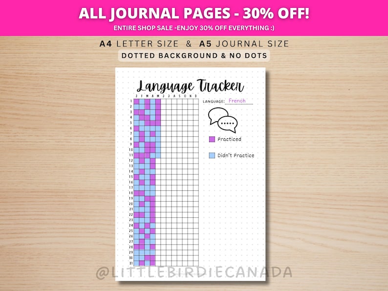 Language Tracker - PRINTABLE Journal Page - Habit Tracker - Learning Language - New Language - Learn French - Learn Spanish - Track Language image 1