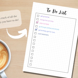 Op de afbeelding: Een to-dolijst met een checklist en een gestippelde achtergrond. De lijst bevat items zoals "boodschappen doen", "de kattenbak verschonen" en "het bureau opruimen".