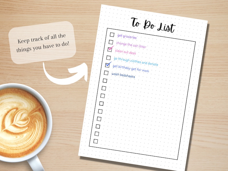 Op de afbeelding: Een to-dolijst met een checklist en een gestippelde achtergrond. De lijst bevat items zoals "boodschappen doen", "de kattenbak verschonen" en "het bureau opruimen".