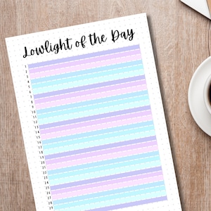 May include: A printable planner page with the title "Lowlight of the Day" and 29 numbered lines. The lines are alternating light blue and purple.