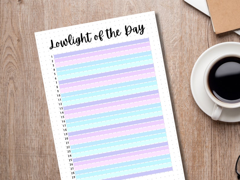 May include: A printable planner page with the title "Lowlight of the Day" and 29 numbered lines. The lines are alternating light blue and purple.