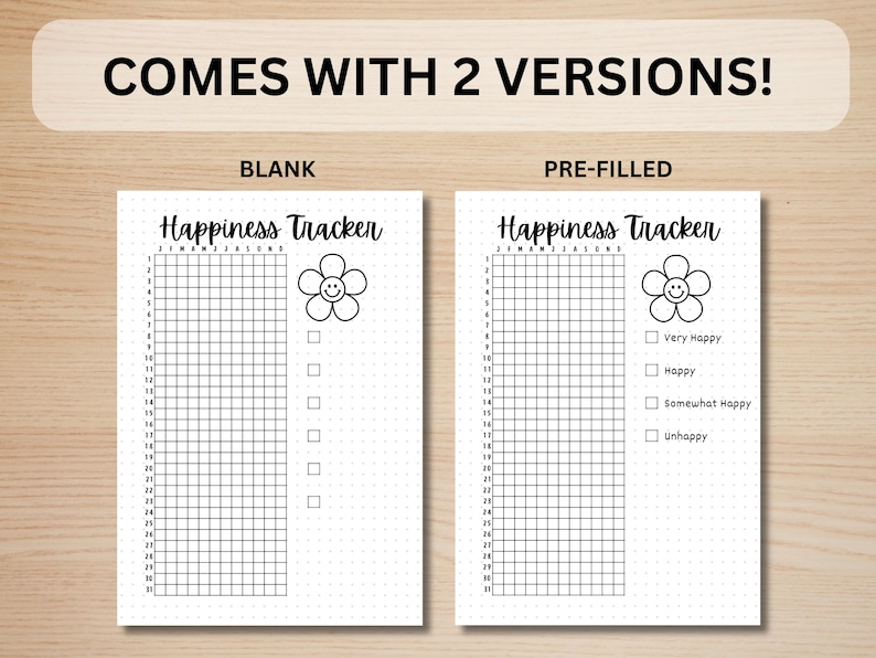 May include: Two versions of a printable happiness tracker. The first version is blank, while the second version has a checklist with options for very happy, happy, somewhat happy, and unhappy. Both versions feature a black and white flower with a smiley face.