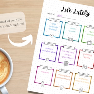 K&ouml;nnte beinhalten: Ein druckbarer Life Lately Tracker mit einem farbenfrohen Design. Der Tracker ist in Kategorien wie Lieben, Essen, Anschauen, H&ouml;ren, Tun, Machen, Gehen, Denken und Feiern unterteilt. Der Monat ist April.