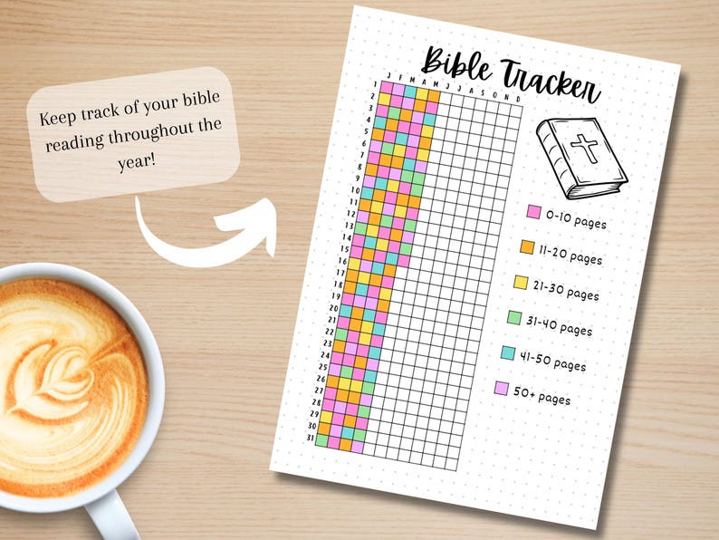 May include: A printable Bible tracker with a grid for each month of the year. The grid is color-coded to track the number of pages read each day. The colors are pink, orange, yellow, green, blue, and purple. The tracker also includes a drawing of a Bible with a cross on the cover.