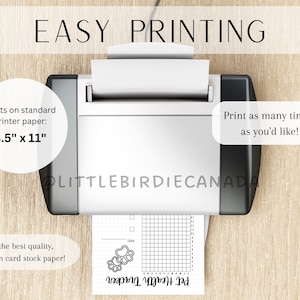 May include: A black and white printable pet health tracker with a paw print design. The tracker is designed to be printed on standard 8.5" x 11" printer paper. The text on the tracker reads "Pet Health Tracker".