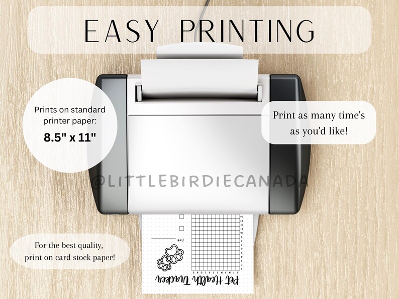 May include: A black and white printable pet health tracker with a paw print design. The tracker is designed to be printed on standard 8.5" x 11" printer paper. The text on the tracker reads "Pet Health Tracker".