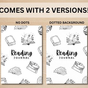 May include: Two versions of a printable reading journal cover featuring a black and white illustration of open books, stacks of books, and a book with flowers. The text "Reading Journal" is in the center of the page. One version has a dotted background and the other does not.