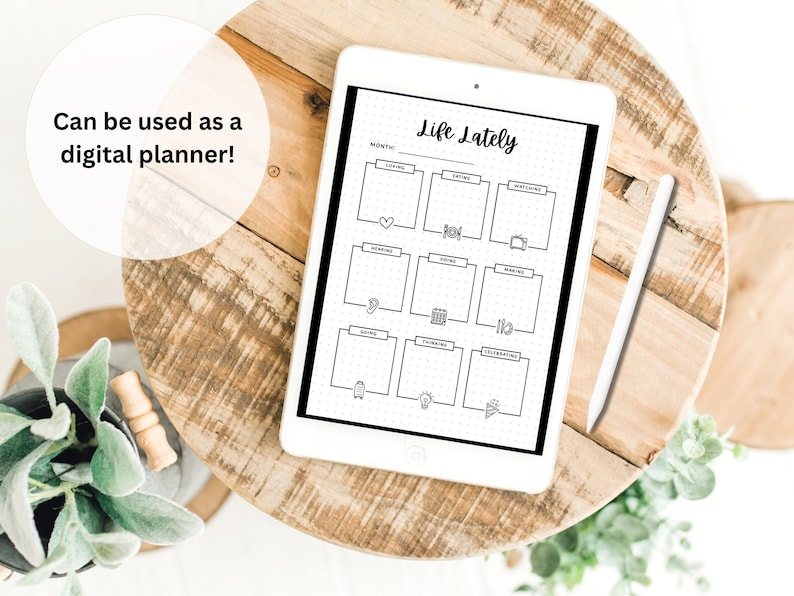 K&ouml;nnte beinhalten: Eine digitale Planervorlage auf einem Tablet mit dem Titel "Life Lately" und Abschnitten f&uuml;r "Monat", "Lieben", "Essen", "Arbeiten", "Bewegen", "Machen", "Denken", "Feiern".