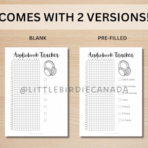 May include: Two versions of an audiobook tracker are shown. The top text reads "COMES WITH 2 VERSIONS!". The left version is blank, and the right version is pre-filled. Both have a grid for tracking and a headphone graphic.